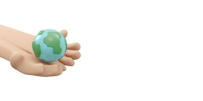 3D Rendering of hand holding earth icon concept of earth day background, banner, card, poster. 3D Render illustration cartoon style. photo