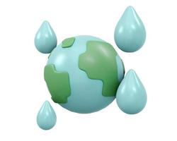 3D Rendering of earth icon with water drop isolated on white background concept of world water day. 3D Render illustration cartoon style. photo