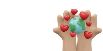 3D Rendering of hand holding earth and heart icon concept of earth and environment day background, banner, card, poster. 3D Render illustration cartoon style. photo