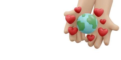 3D Rendering of hand holding earth and heart icon concept of earth and environment day background, banner, card, poster. 3D Render illustration cartoon style. photo