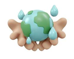 3D Rendering of hand holding earth icon with water drop isolated on white background concept of world water day. 3D Render illustration cartoon style. photo