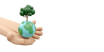 3D Rendering of hand holding earth and tree icon concept of World Environment Day background, banner, card, poster. 3D Render illustration cartoon style. photo