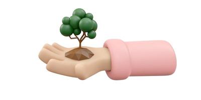 3D Rendering of hand holding tree icon concept of World Environment Day background, banner, card, poster. 3D Render illustration cartoon style. photo