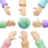 3D Rendering of hand reach out to earth icon concept of World Environment Day background, banner, card, poster. 3D Render illustration cartoon style. photo