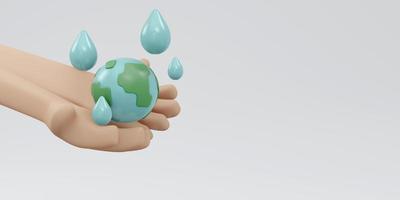 3D Rendering of hand holding earth icon with water drop with copy space on white background concept of world water day. 3D Render illustration cartoon style. photo