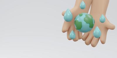 Representación 3d de la mano que sostiene el icono de la tierra con una gota de agua con espacio de copia en el concepto de fondo blanco del día mundial del agua. estilo de dibujos animados de ilustración de procesamiento 3d. foto