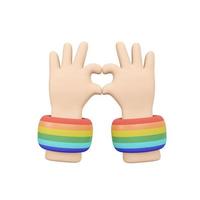 3D Rendering of hand gesturing love hand sign with rainbow wristband concept of support and accept LGBT people isolate on white  background. 3D Render illustration cartoon style. photo