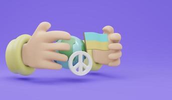 3D Rendering of hand protecting globe peace sign and Ukraine flag on background concept of no war stop fighting. 3D Render illustration cartoon style. photo