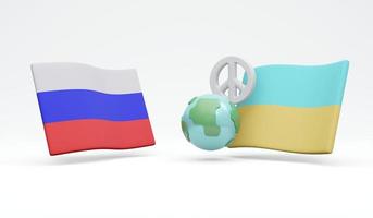 Representación 3d de la bandera de rusia frente a la bandera de ucrania con un icono global y un signo de paz aislado en el concepto de fondo blanco de ninguna guerra, deja de luchar para salvar el mundo. estilo de dibujos animados de ilustración de procesamiento 3d. foto