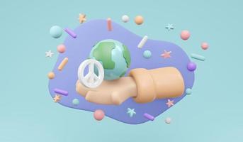 Representación 3d de la mano que protege el signo de la paz del globo sobre el concepto de fondo de que ninguna guerra deja de luchar para salvar el mundo. estilo de dibujos animados de ilustración de procesamiento 3d. foto