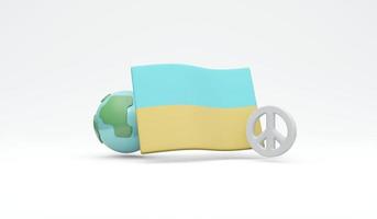 3D Rendering of globe peace sign and Ukraine flag isolated on white background concept of no war stop fighting. 3D Render illustration cartoon style. photo