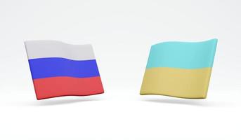 representación 3d de la bandera de rusia frente a la bandera de ucrania aislada sobre fondo blanco concepto de conflicto entre rusia y ucrania. estilo de dibujos animados de ilustración de procesamiento 3d. foto