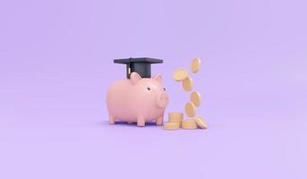 3d rendering of graduation cap icon coins and piggybank concept of saving money for education on background. 3d render illustration cartoon style. photo