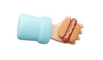 3D Rendering of hand holding hotdog isolate on white background. 3D Render illustration cartoon style. photo
