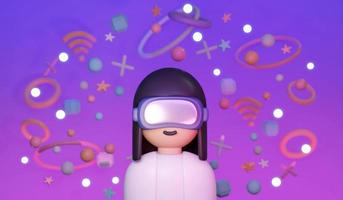 3D Rendering of girl with visual reality glasses using digital platform concept of VR Metaverse technology. 3D Render illustration cartoon style. photo