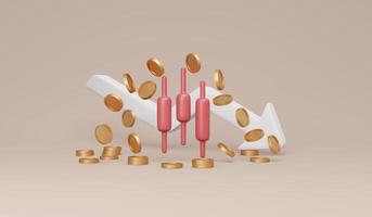 3D Rendering of minimal trading graph crash down in red with coins and arrow pointing down on background concept of stock market data analysis trend in stock market. 3D Render illustration. photo