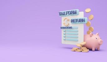 3D Rendering of tax return form document paper with money elements concept of tax duty on background. 3D render illustration cartoon style. photo