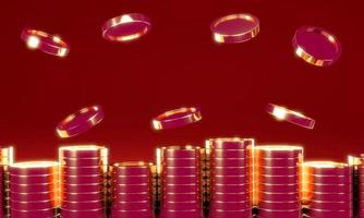 3D Rendering of golden coin on red background, banner, card, poster concept of wealthy with space for text. 3D Render illustration cartoon style. photo