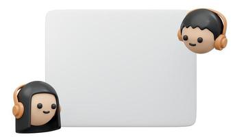 3D Rendering of boy and girl with headphone on with blank space paper concept of information inform for business call center. 3D Render illustration cartoon style. photo