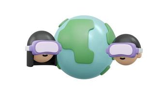 3D Rendering of boy and girl with VR metaverse glasses and golbal icon concept of online technology worldwide exchange information isolate on white background. 3D Render illustration cartoon style. photo