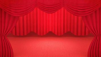 fondo con cortina de teatro roja, representación 3d. foto