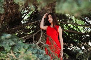 Teenage girl in red dress posed outdoor at sunny day. photo