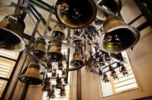 Close-up view of metal orthodox church bells in tower. photo