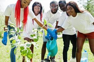 grupo de voluntarios africanos felices brotan regados de un árbol de regadera en el parque. Concepto de voluntariado, caridad, personas y ecología de África. foto
