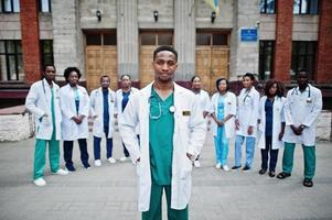 Group of african doctors students near medical university outdoor. photo