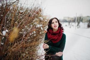 Brunette girl in green sweater and red scarf outdoor against bushes on evening winter day. photo