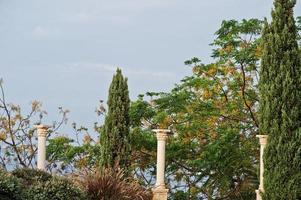 Three columns in trees at tropical park resort in Turkey. photo