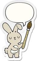 cartoon rabbit and paint brush and speech bubble sticker vector