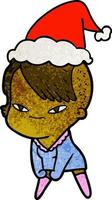 cute textured cartoon of a girl with hipster haircut wearing santa hat
