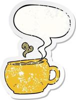cartoon coffee cup and speech bubble distressed sticker vector