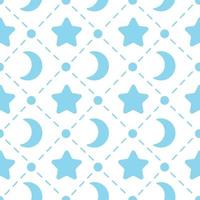 Nursery seamless pattern template. Simple vector star and moon shape fabric print. Isolated flat doodle drawing. Scandinavian retro boho style. Blue dotted line ornament.