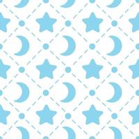 Nursery seamless pattern template. Simple vector star and moon shape fabric print. Isolated flat doodle drawing. Scandinavian retro boho style. Blue dotted line ornament.