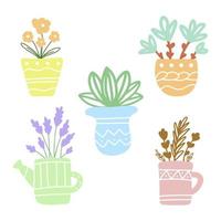Flower in flowerpot isolated icon set. Simple doodle hand drawn vector botanical illustration. Beautiful house plant.