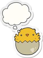 cartoon chick hatching from egg and thought bubble as a printed sticker vector