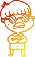 warm gradient line drawing cartoon boy with crossed arms wearing spectacles vector