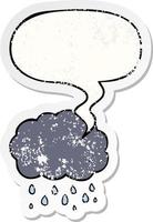 nube de dibujos animados lloviendo y etiqueta engomada angustiada de la burbuja del discurso vector