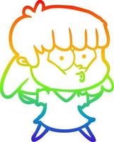 rainbow gradient line drawing cartoon whistling girl vector