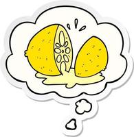 cartoon cut lemon and thought bubble as a printed sticker vector