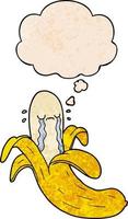 cartoon crying banana and thought bubble in grunge texture pattern style vector