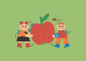 niños cargando manzanas con los insectos. lindo niño y niña de dibujos animados trabajando en el jardín. niños de jardinería. vector