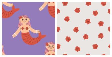 Set Of Sea Creatures, Mermaids, And Shells Seamless Pattern vector