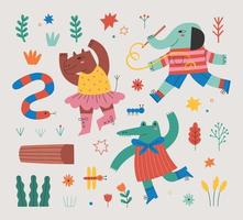 Set of cute handdrawn dancing forest animal illustration vector