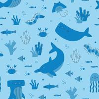 Sea Creatures In Blue Coloured Themed Seamless Pattern vector