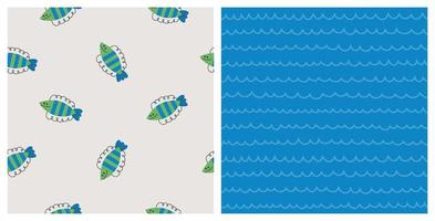 Hand-drawn Fish And Wave Seamless Pattern vector