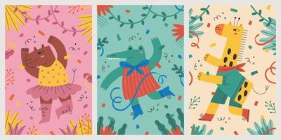 Set of dancing forest animal card poster illustration vector
