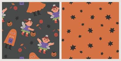 Set of handdrawn kids halloween party pattern vector